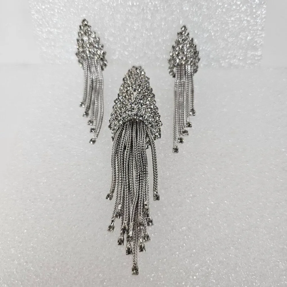 Vintage Silver Tone Crystal Rhinestone Brooch Pin‎ Clip On Earring Set Waterfall